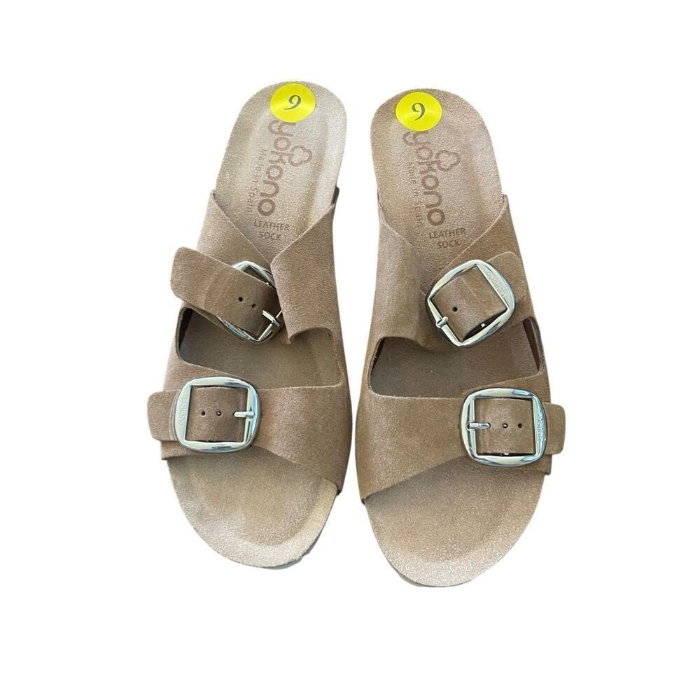 New Yokono Womens Taupe Double Band Leather Buckle Cork Wedge Sandals Size 9